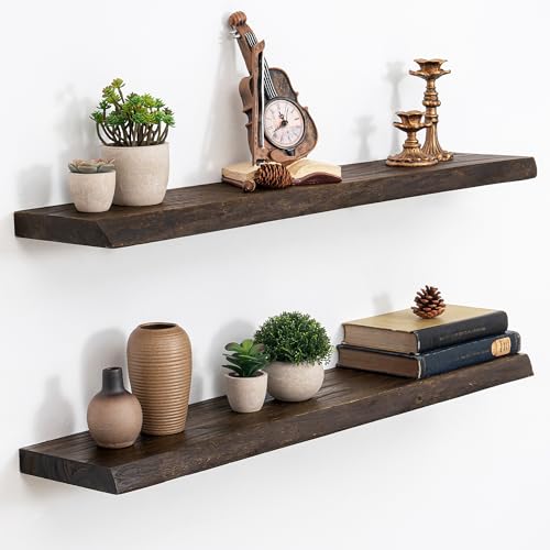 Image of Acovy Extra Deep 36 inch Long Live Edge Rustic Floating Shelves for Wall, Solid Wood Wall Shelves with Invisible Bracket Mount for Living Room Bathroom Bedroom Kitchen, Set of 2, Walnut