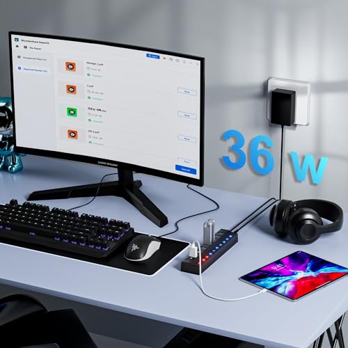 ONFINIO Powered USB Hub, 10-Port USB Splitter Hub (7 Faster Data Transfer Ports+ 3 Smart Charging Port) with Individual LED On/Off Switches and 12V/3A Power Adapter USB Extension for Mac, PC and More by Onfinio - Image 9