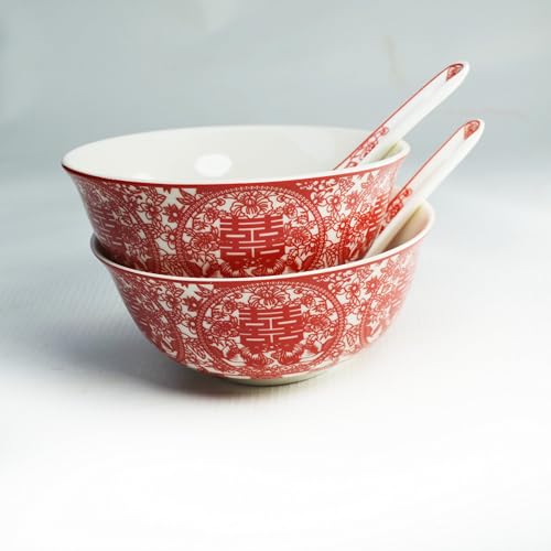 Image of Liang baobao Bowl Spoon Gifts Set Chinese Wedding Party Porcelain Tableware Set (Paper-cut style 囍)