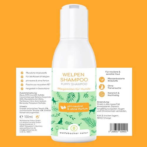 Welpen Shampoo Sensitiv für Hunde – pH-neutral, ohne Parfüm, für Langhaar und Kurzhaar, 100% pflanzliche Wirkstoffe - Bei Schuppen, Juckreiz und Milben, 100ml