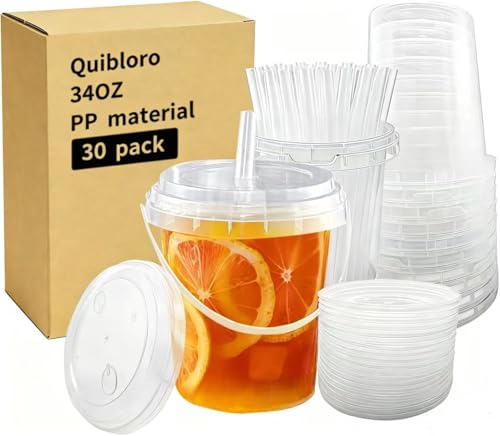 Quibloro 34oz 30pack Drink Buckets with Lids and Straws Reusable Plastic Bucket Cups for Coffee & Boozy Drinks Handheld Beverage Buckets for Pool Party Beach Picnic Travel & Outdoor Supplies