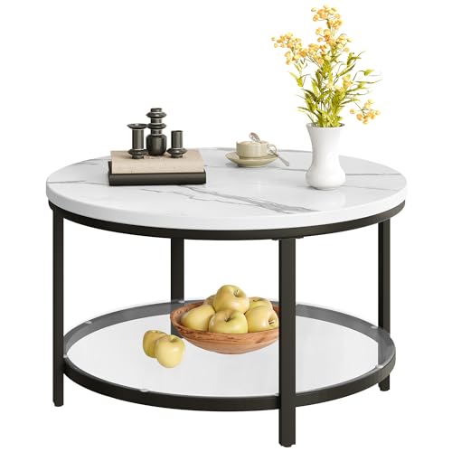 DWVO Round Marble Coffee Tables for Living Room, 2 Tiers Modern Coffee Table Black Circle Coffee Table with Glass Storage Shelf, Modern Center Cocktail Table, Marble and Black