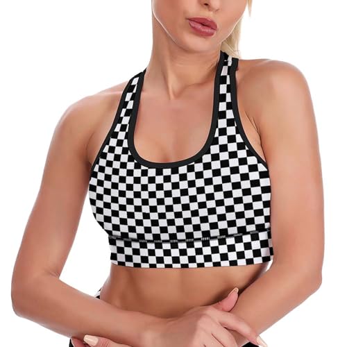 Msokazzles Black White Race Checkered Flag Sports Bras For Women Longline Padded Workout Tank Tops Support Yoga Crop Tops For Women M cover