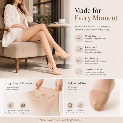 Image of Women's Transparent Tights, 20D High Waist Pantyhose, Ladies Skin Care Socks, Rip-Stop Pantyhose with Reinforced Toes