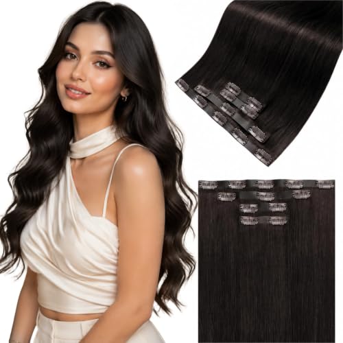 Image of LaaVoo Seamless Clip in Hair Extensions Human Hair Brown Seamless Human Hair Clip in Extensions Brown Hair Extension Clip ins Invisible Straight 20Inch 4pcs 90g
