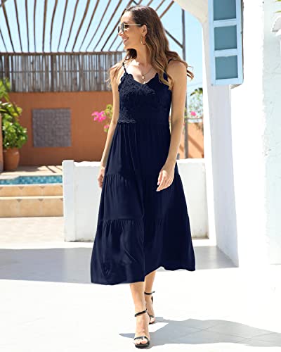Image of Dokuritu Women's Beach Crochet Lace Maxi Dress Solid Color Summer Vacation Wedding Guest Spaghetti Strap Long Dress