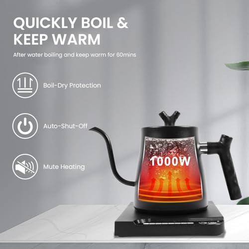 Image of Supvox Gooseneck Electric Kettle for Hot Water Kettle with Temperature Control 1 Liter Hot Water Boiler for Home 1000W gooseneck Kettle with 7 Temperature Button for Pour Over Coffee