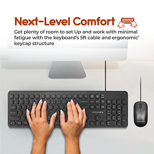 Image of Promate Wired USB Keyboard with Mouse, Super-Slim Comfortable Full-Sized Quiet Keyboard with 1200 DPI Ambidextrous Mouse, in-Built Volume Controls and Fold-Up,Combo-KM2