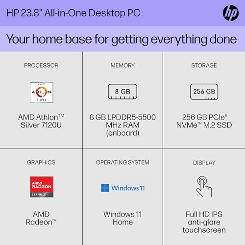 Image of HP 23.8 inch All-in-One Desktop PC, FHD Display, AMD Athlon Silver 7120U, 8 GB RAM, 256 GB SSD, AMD Radeon Graphics, Windows 11 Home, 24-cr0110 (2023)