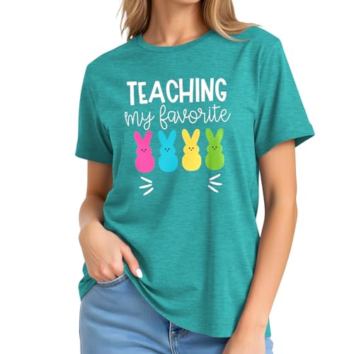 Image of Easter Shirts for Women-Cute Easter Bunny Tee Tops Oh for Peeps Sake Shirt Rabbit Printing Short Sleeves