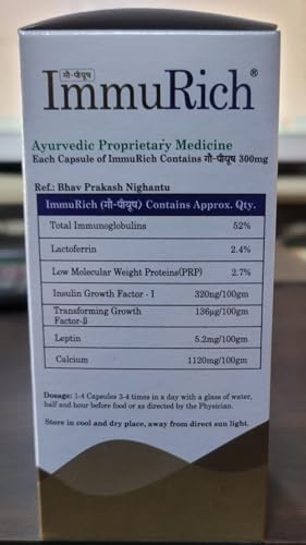 Dhanwantari's Immurich Immunity Boosters for Adults - 75 Cap | A2 Cow Colostrum | 52% IgG| Boosts Immunity | Helps Build Strength & Stamina | Builds Overall Health