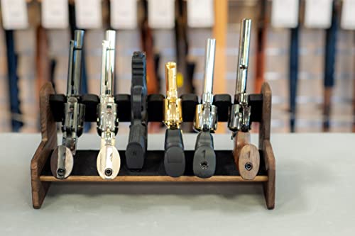 The Hawk Haus Handgun/Pistol Rack For 6 - Rustic Dark Brown Pure Wood Gun Holder Storage Organizer For Revolvers, Pistols And Handguns - Anti-Skid Surface #TOP6