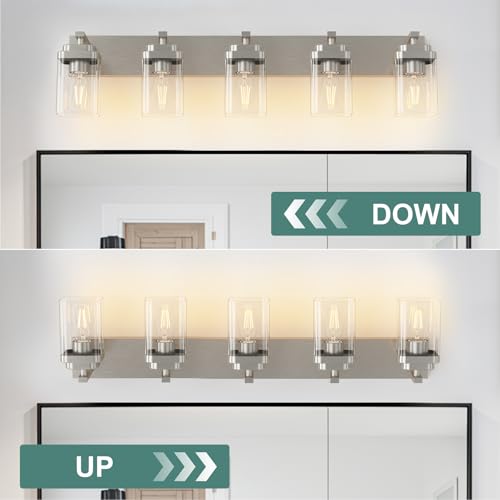 Image of Brushed Nickel Bathroom Light Fixtures, 5 Lights Bathroom Lighting Fixtures Over Mirror, Square Design & Rectangle Large Backplate, Modern Vanity Lighting Fixtures, for Living Room /Bedroom
