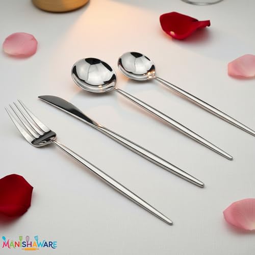 Image of Slim Handle Silver 16 Pcs Stainless Steel Cutlery Set for Dining Table, Dishwasher Safe Glossy Flatware (4 Spoon Set + 4 Forks Set + 4 Butter Knife + 4 Dessert Spoon)