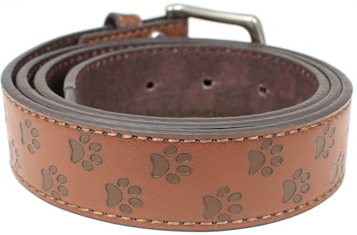 BC Belts Cat Paw Print Leather Belt Strap and Metal Buckle 1.25 Wide with Snaps - Kitten Mom Animal Lover Kitty Beans (Brown-XS)