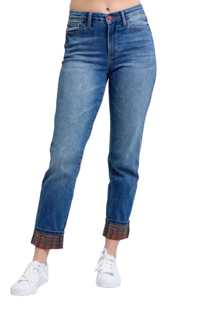 Judy Blue Plaid Cuffed Straight Leg Jeans