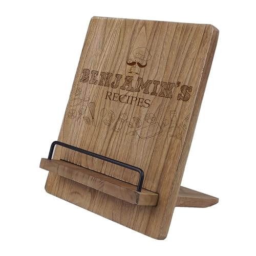 Personalised Any Name Wooden Recipe Book Stand, Kitchen Cookbook Holder with Metal Support, 24.1 x 20.1 x 32.5 cm, Gift for Him