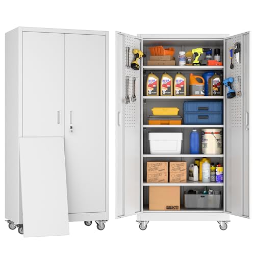 Image of White Metal Garage Storage Cabinet with Wheels and Pegboard, 71 in. | Lockable steel cabinet with dual-door pegboard, 4 hooks, 5 adjustable shelves and detachable casters; assembly required.