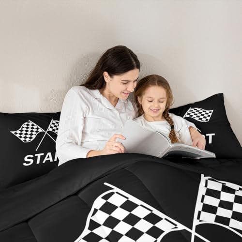 Image of Feelyou Kids Race Sports Flag Bedding Set Full Size, Racing Car Duvet Insert Checkered Flags Comforter Set Boys Girls Teens Bedroom Decor with 2 Pillow Case