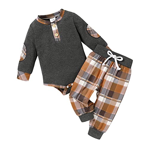 Image of Happy Town Baby Boy Clothes Fall Ribbed Knitted Cotton Romper and Plaid Long Pants Newborn Boy Outfits Winter