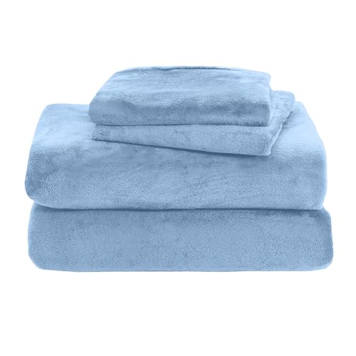 Elegant Comfort Luxuriously Soft 4-Piece Velvet Plush Flannel Sheet Set - Premium Quality - Cozy Warm, Anti-Static, Non Pilling Fuzzy Velvet Flannel Fleece Deep Pocket Sheet Set - Queen, Denim Blue