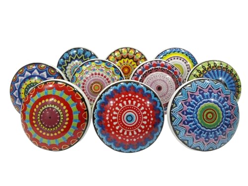 Image of Vintage Ceramic Knobs for Kids and Kitchen Cupboards, Drawers, Wardrobes, PC Cabinets, Almirahs, Dressers, Decorative Pull Handles for Dressing Table and Home Decor -Set of 10, Cheerful