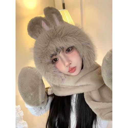 Plush Winter Warm Cartoon Bunny Ears Hat Scarf Gloves 3-in-1 Faux Fur Women Girls Hoodie Hat with Scarf Pocket Mitts2