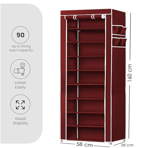 Image of ClearSpace Multipurpose Baby Wardrobe /Cabinet /Multipurpose Storage Rack, Foldable, Collapsible Fabric Wardrobe Organizer for Clothes (Plastic and Non Woven Fabric) (Maroon, 9 - Layer)