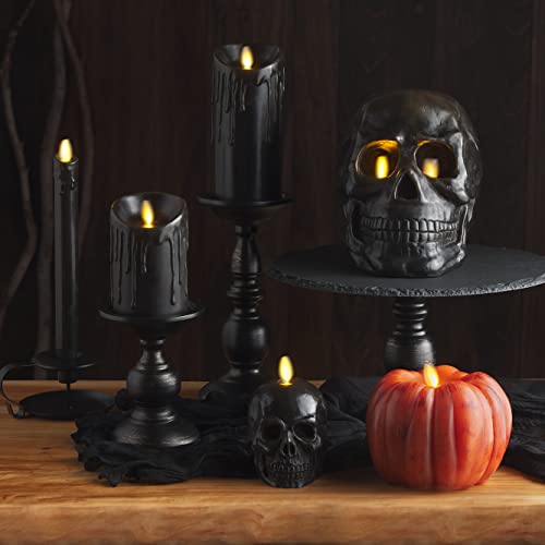 Image of Luminara Flameless Single LED Moving Flame Small Skeleton Skull Figural (3.75 inch x 4.25 inch) Real Wax LED Candle, Unscented, Timer - Black