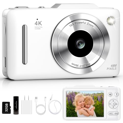 Digital Camera 4K Autofocus Vlogging Camera for Photography with 16X Zoom Anti Shake 32GB Card 48MP Compact Portable Point and Shoot Camera for Kids Boys Girls Teens BeginnerWhite