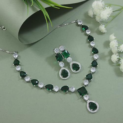 Image of I Jewels Silver Plated Cubic Zirconia American Diamond Valentines Special Necklace & Drop Earrings Jewellery Set for Women