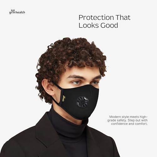 Image of Grin Health N99 Anti Pollution Mask with Acitivated Carbon with Valve Reusable & Washable, Unisex (Standard Size - Fit Most, Black)