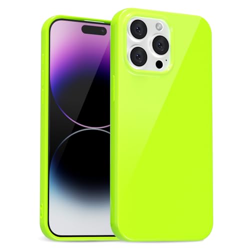 uvcoat for iPhone 14 Pro Max Case Silicone, Glossy Cute Jelly Soft Rubber Gel Protective Plastic Phone Case, Thin Ultra Slim Plain Solid Color Cover for Women, Neon Green Lime