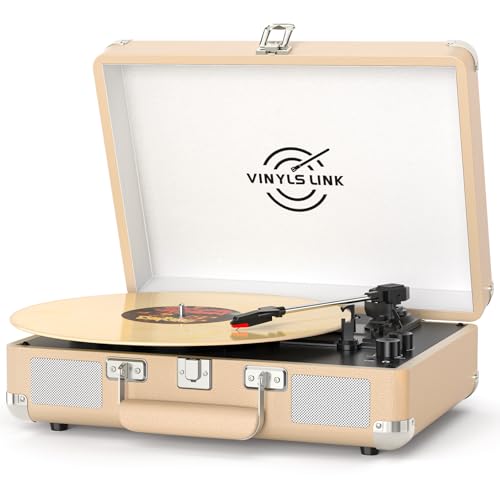 Image of VINYLSLINK Bluetooth Vinyl Record Player with Treble & Bass Adjustment, Vintage Portable Turntable Suitcase with Built-in Speakers, 3-Speed Belt Drive (33 /45 /78 RPM), Auto Stop, RCA /AUX /Headphone Jack