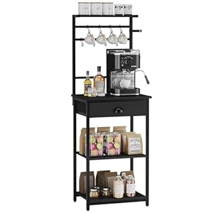 YMYNY 5 Tier Coffee Bar Station, Coffee Stand with Fabric Drawers, 8 S-Shaped Hooks, Corner Bar Cabinet, Height Adjustable, Bakers Rack for Kitchen, Living Room, Black HBR009B