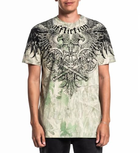 Affliction Mens Core Graphic T-Shirt Short Sleeve Crew Neck Y2K (US Alpha Large Regular Regular Sand (Alpha Strike))
