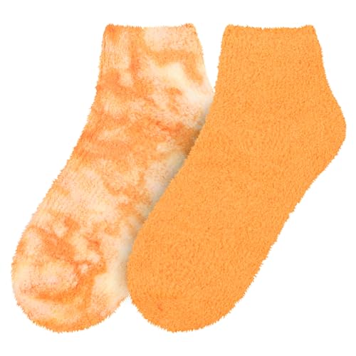 BambooMN Women's Girl Fuzzy Warm Fluffy Tie-Dye Colorful Fun Ankle Socks - 2 Pairs2