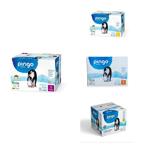 Pingo Pañales con Medidor de Humedad, Talla 1-2 + Pañales Talla 2 Mini, 2 paquetes de 42 unidades + Pañales Talla 3 Midi - 2 paquetes de 44 unidades + Toallitas húmedas - Pack Primeros Tres Meses