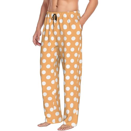 Mens Pajama Pants - Peach Polka Dot Print Soft Sleep Lounge Pants For Men, Casual Pj Bottoms With Pockets