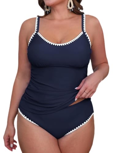 CUPSHE Damen Tankini Set U Ausschnitt Häkelkante Mid Waist Verstellbare Träger Zweiteiliger Badeanzug Swimsuit Dunkelblau L