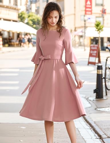 Image of HomRain Women's Church Dresses Modest Bell Sleeve Wedding Guest Cocktail Tea Party Vintage Evening Dress