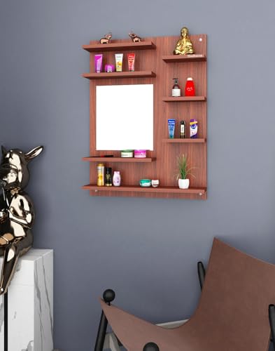 Image of Madhuran Ricco Engineered Wood Wall Mounted Dressing Table (Teak Finish) Royal Decorative Craft Washroom Mirrors Wash Basin Walls Mirror Bathroom Cabinet