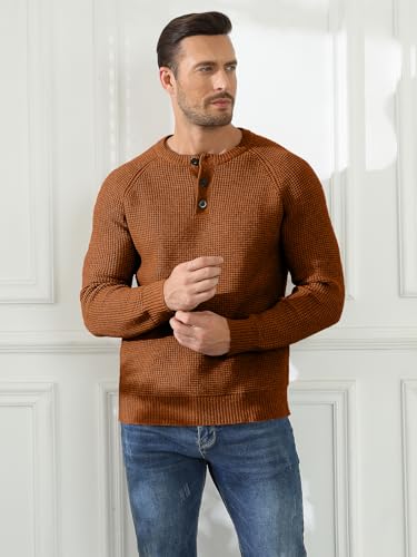 RQP Men's Henley Sweater Long Sleeve Button Crewneck Sweater Knit Sweater Casual Waffle Texture Pullover Sweater4