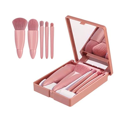 KIMISS Juego de Mini Brochas de Maquillaje de 5 piezas: Brochas Cosméticas de Viaje de Fibra Artificial Suaves Portátiles con Caja de Almacenamiento y Espejo