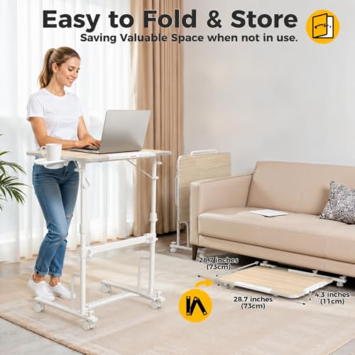 Image of TABLE MAGIC - AERO Desk | Height Adjustable (70-108 cm) Sit & Stand Folding Desk with Cup & iPad Holder | Portable Workstation Table with Wheels & Footrest (White)
