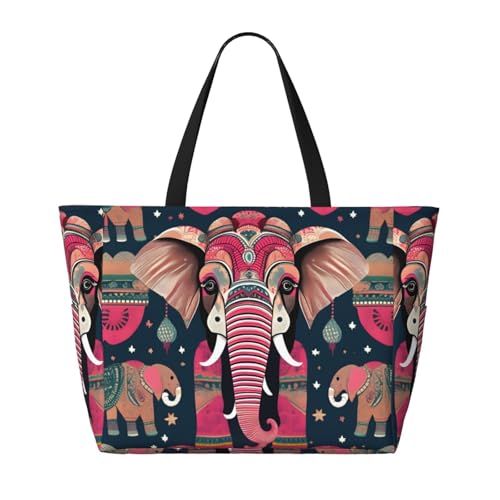 Bohemian Elephant Pattern Print Large Waterproof Beach Bag For Women With Zipper And Pockets For Travel Vacation2