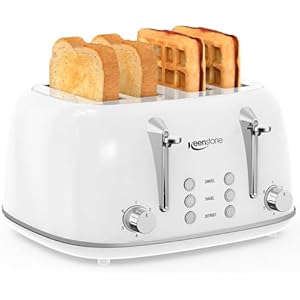 Keenstone Toaster 4 Slice, Retro Stainless Steel Wide Slot Toaster with Dual Independent Controls, 6 Browning Levels, Bagel, Defrost, Reheat & Cancel, Removable Crumb Tray, White Toaster 4 S