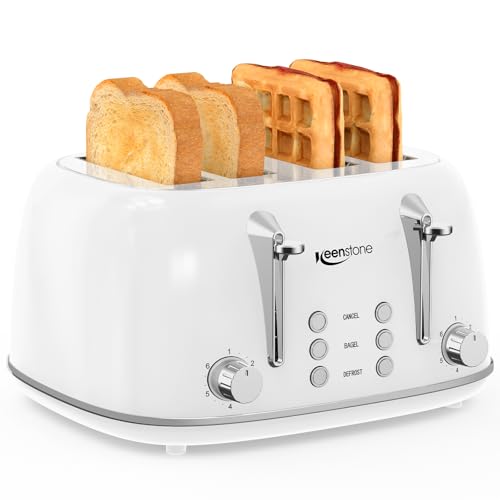 Keenstone Toaster 4 Slice, Retro Stainless Steel Wide Slot Toaster with Dual Independent Controls, 6 Browning Levels, Bagel, Defrost, Reheat & Cancel, Removable Crumb Tray, White
