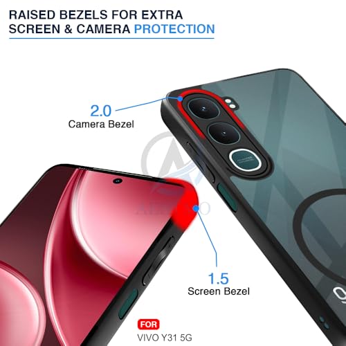 Image of AESTMO Vivo Y31 5G Back Cover | 360 Protection | Crystal Clear Hard Back Transparent | Compatible with MagSafe Accessories (PC+TPU, Black Bumper)