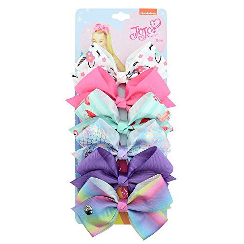 JOJO Siwa Hair Bows 6 pack 5 inch Ribbon Hair Bow Alligator Clips including Rainbow Hair Bow Unicorn Hair Bow